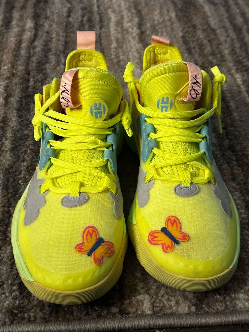 Adidas James Harden Neon Yellow with Unique Butterfly Accent for a pop of color